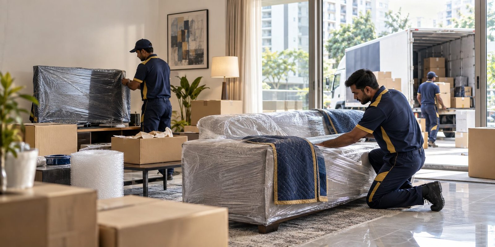 Professional home shifting team protecting furniture