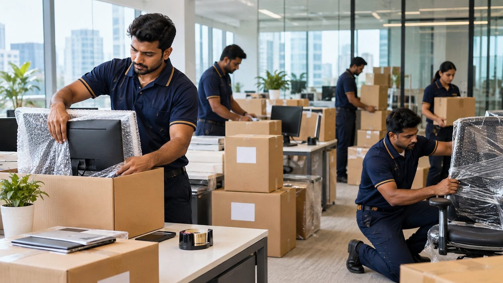 Office relocation team packing IT equipment